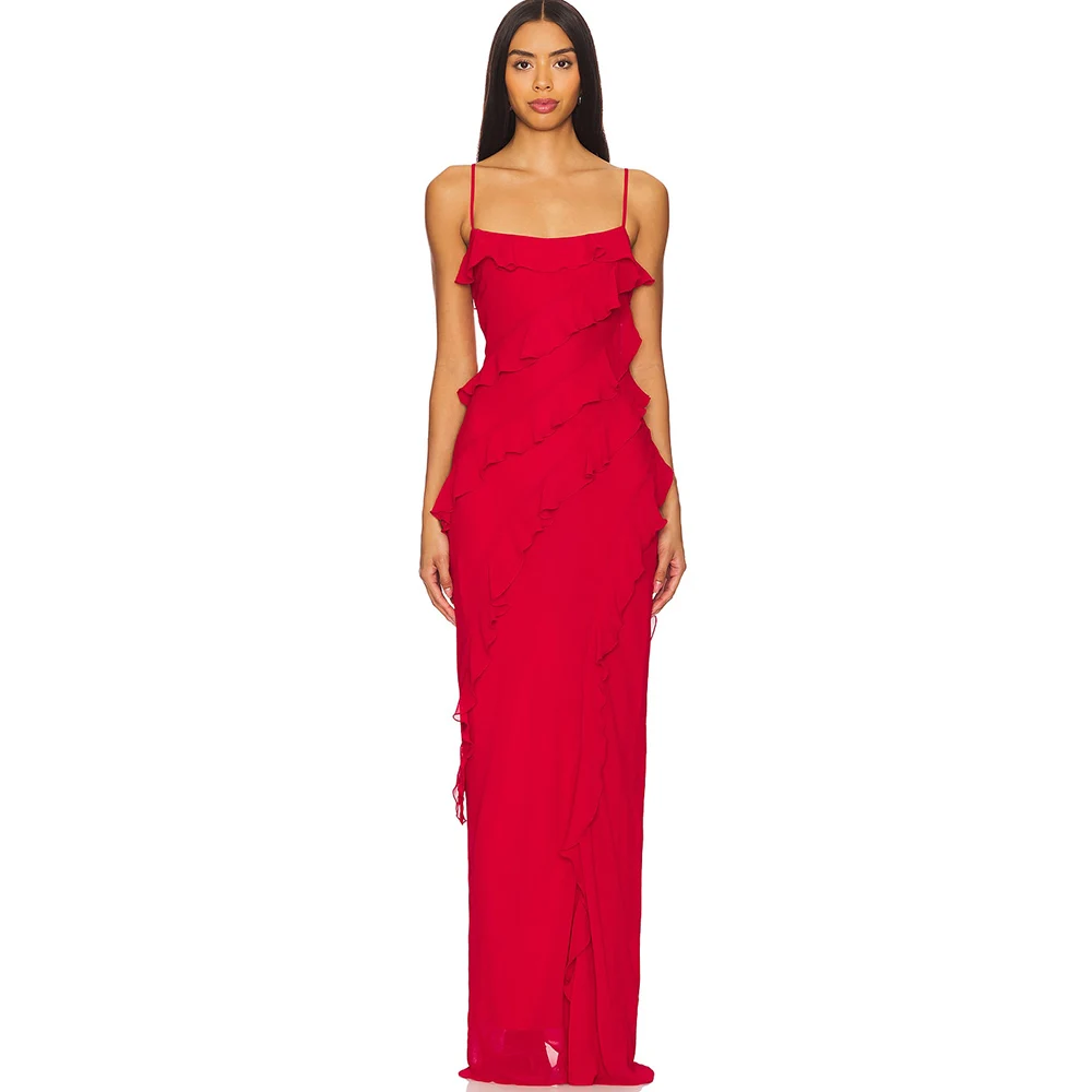 

Saudi Sexy Prom Dresses Chiffon Sheath/Column 2024 Valentine's Day Dress Red Spaghetti strap Ruffles Formal Evening Gown Long