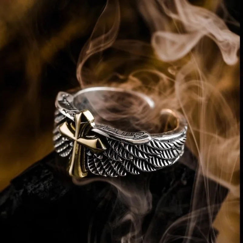 

Gold Plated Copper Vintage Cross Feather925Silver Ring for Men, Adjustable Open Ring, Niche Styl