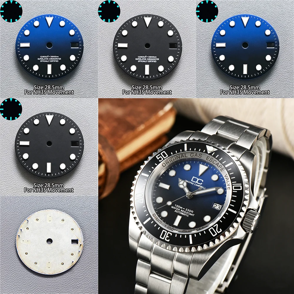 

28.5mm Blue Black Watch Dial NH35 Blue Green Luminous Dial NH35 Single Calendar Watch Dial For NH35 NH36 Movement Accessories