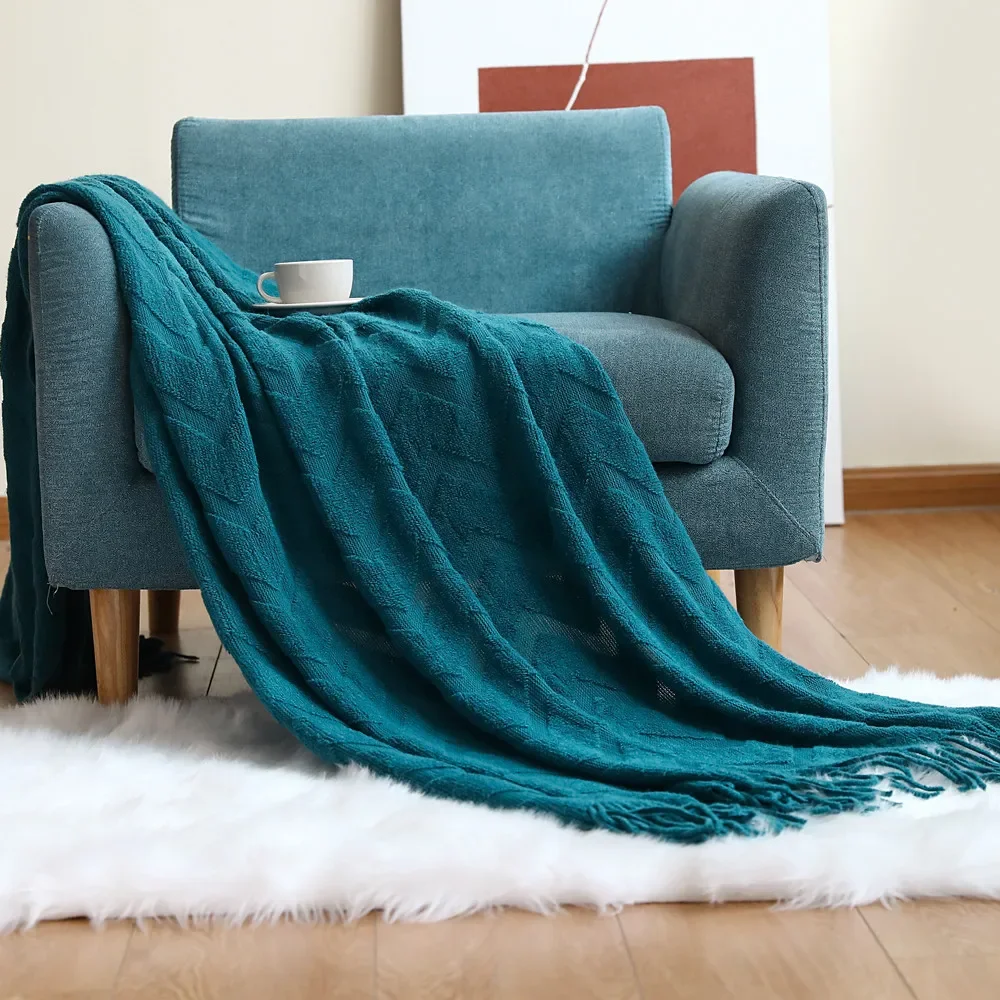 Herringbone Pattern Sofa Throw Knitted Blanket Solid Color Office Air Conditioning Cover Geometric Jacquard Nap Blankets Towel