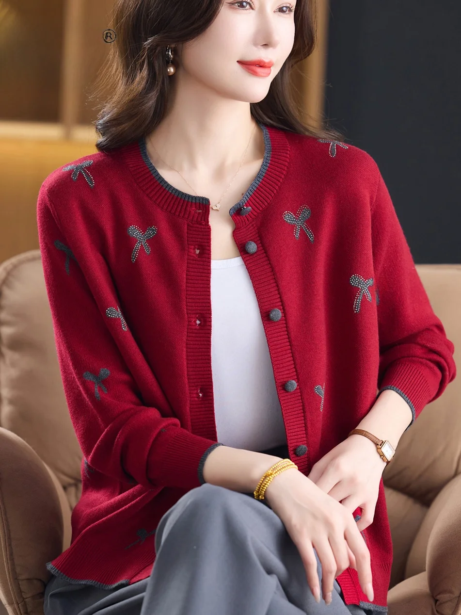 

Spring Autumn Knitted Open Cardigan Women's round Neck Buttoned Loose Thin Style Fashionable Versatile Mommy Clothes Butterfl...