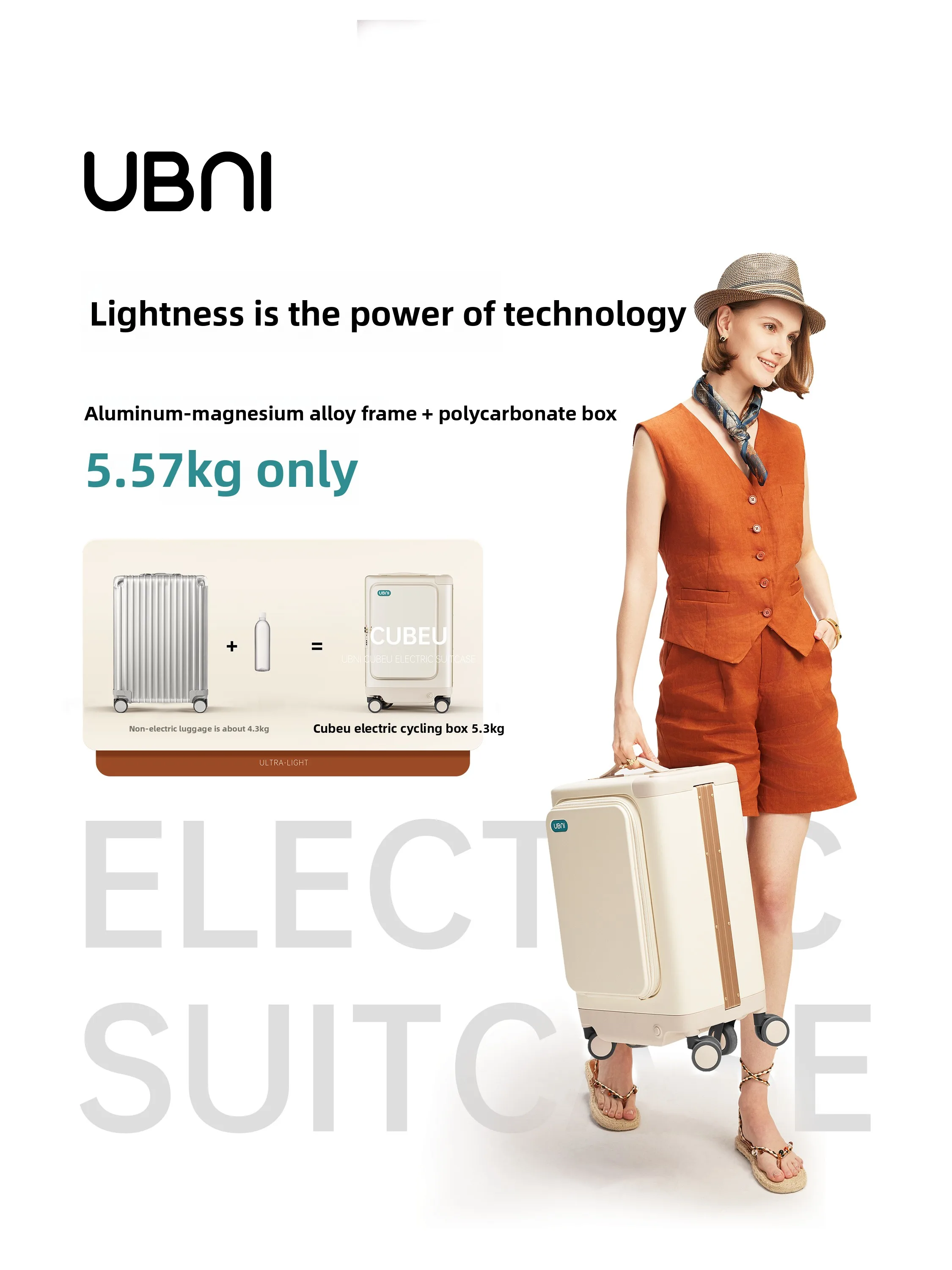 UBNI Electric Luggage Rideable Smart Trolley Lightweight Adult Seatable Travel Suitcase