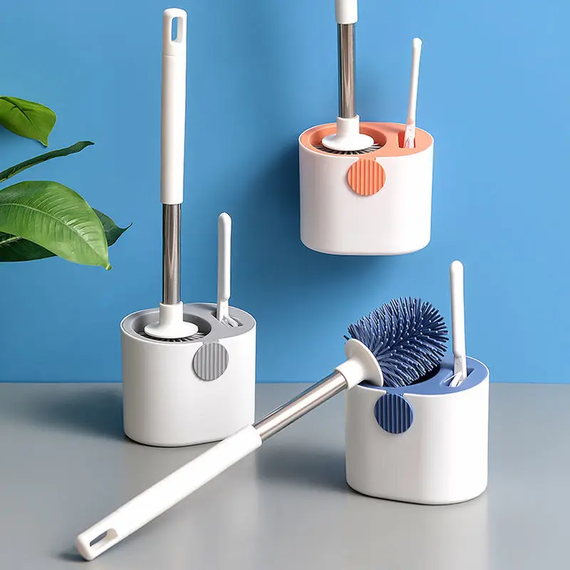 Silicone Toilet Brush with Holder Set Long Handled Round TPR Cleaner Brushes Wall Mounted Drain Wc Bathroom Accessories