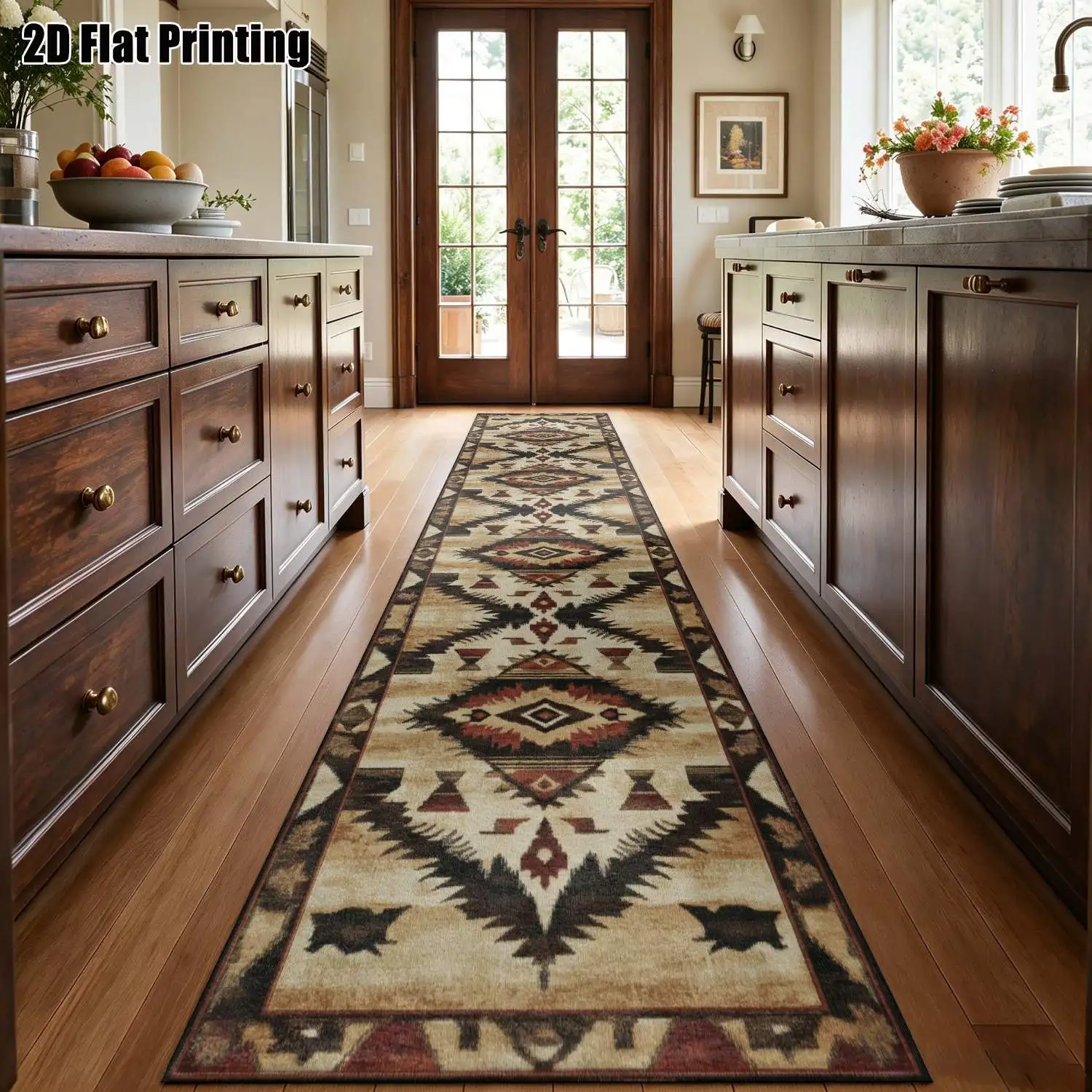 1Pc 2D Printed Long Strip Rug: Red-Brown Geometric Retro Bohemian Striped Design, Home Decor, Machine Washable, Multi-Size, Suitable for Entrance, Hallway, Bedroom, Living Room