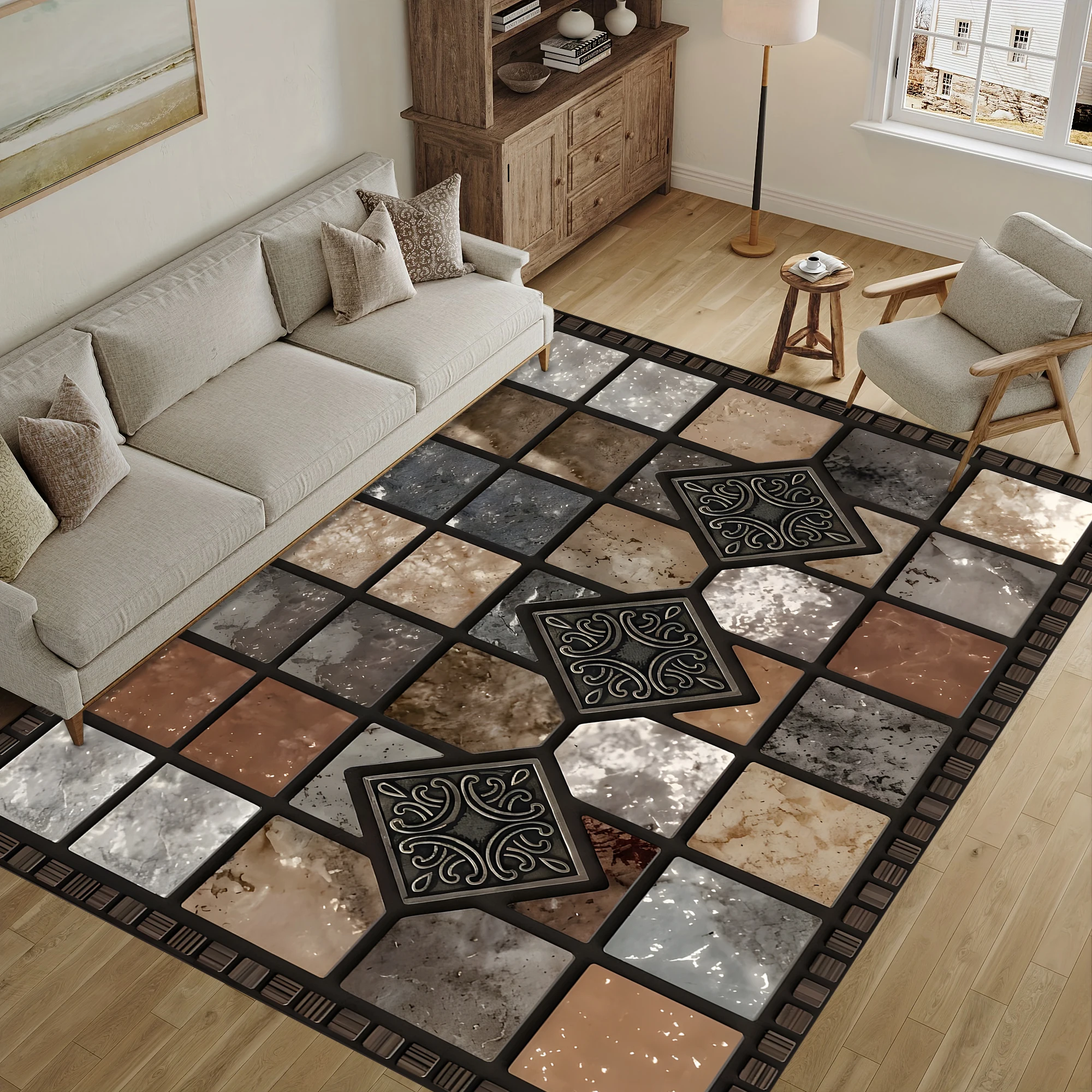 2D Large Carpet Mottled Stone Grid Carved Diamond Vintage for Living Room Coffee Table Bedside