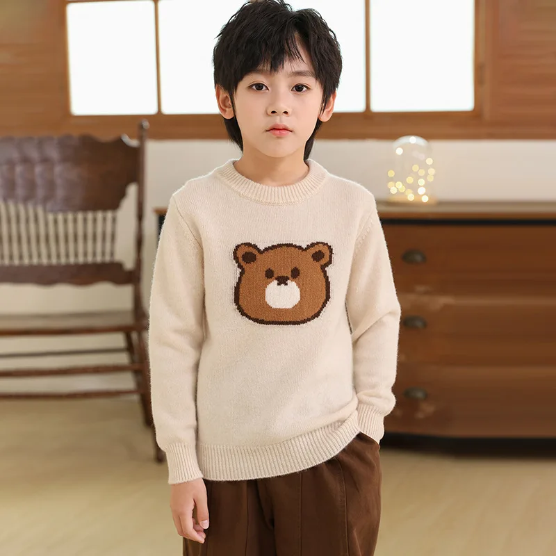 Seven-Needle Thickened Wool Cute Bear Embroidery Jacquard Sweater Boys and Girls Children Same Style Sweater