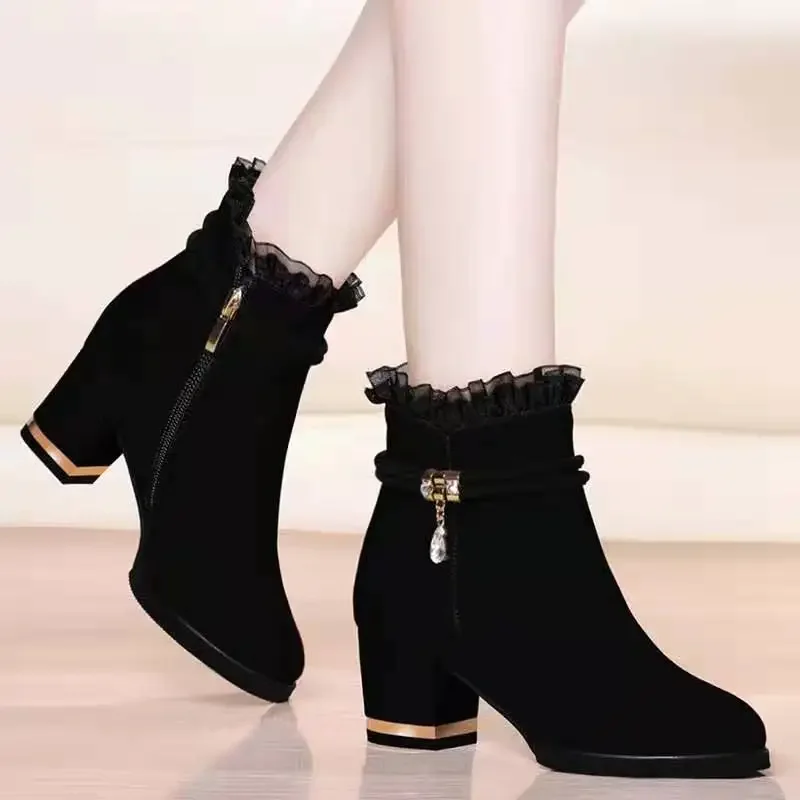 2024 Spring Autumn Winter Warm Fleece-lined Women's Short Boots Coarse Heels Sexy Lace Versatile Side Zip-up Naked Boots