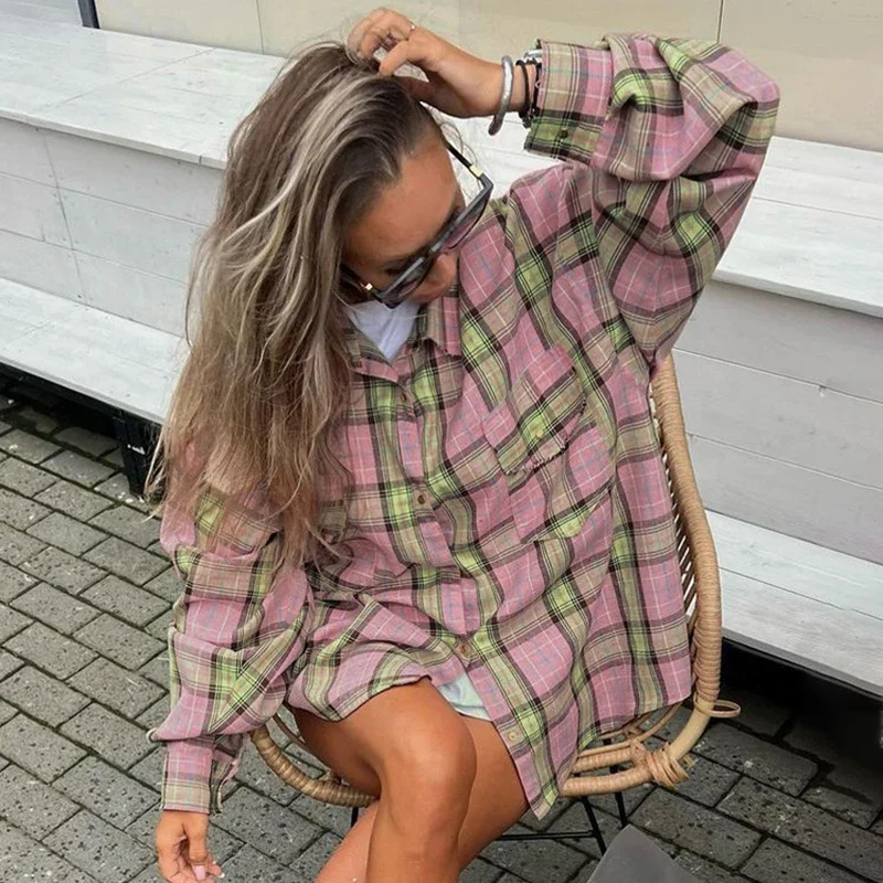 

Casual Plaid Shirt Women's Retro Lapel Long Sleeve Loose Buttons Blouses Autumn New Printed Female Fashion Shirt