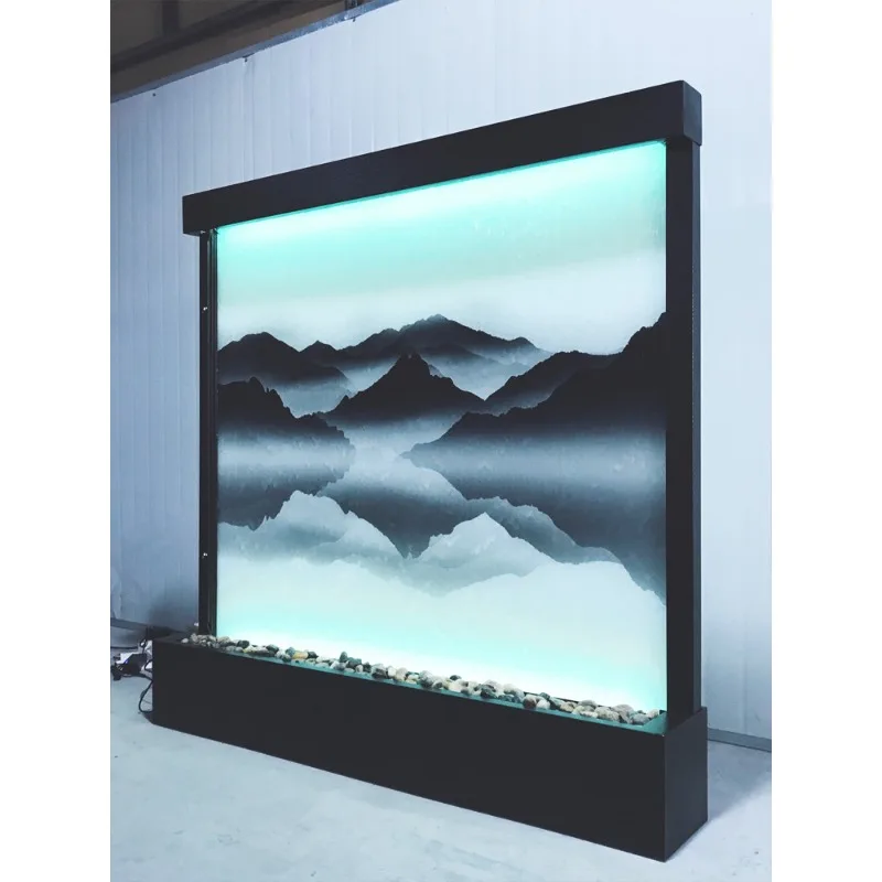 Custom Modern Interior Office Waterfall Divider Floor To Ceiling Glass Panel Wall Fountain And Metal Art Screen