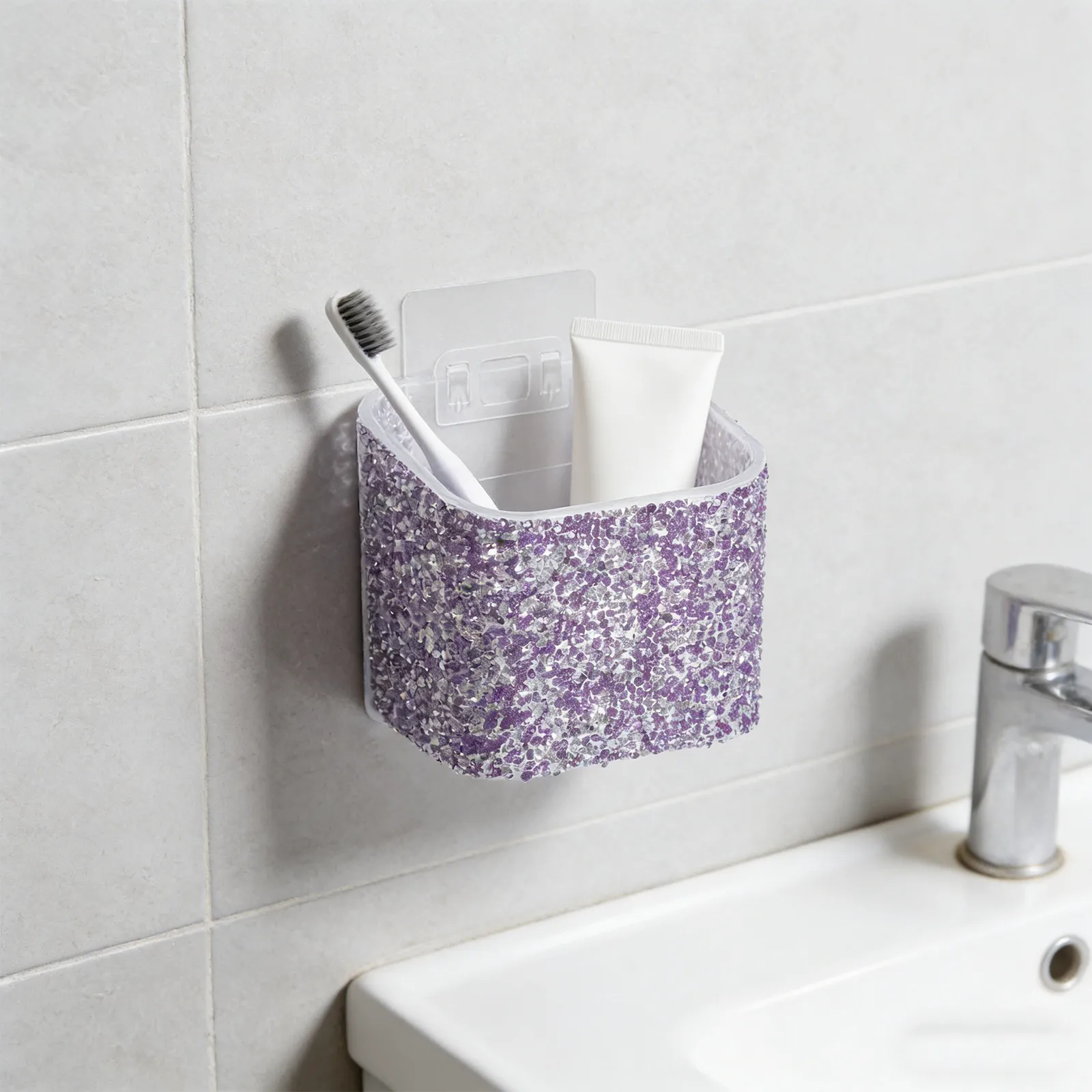 Waterproof Adhesive Rhinestone Toothbrush Holder Organizer Tooth Brush Holder Wall Mount Violet Space-saving Bathroom