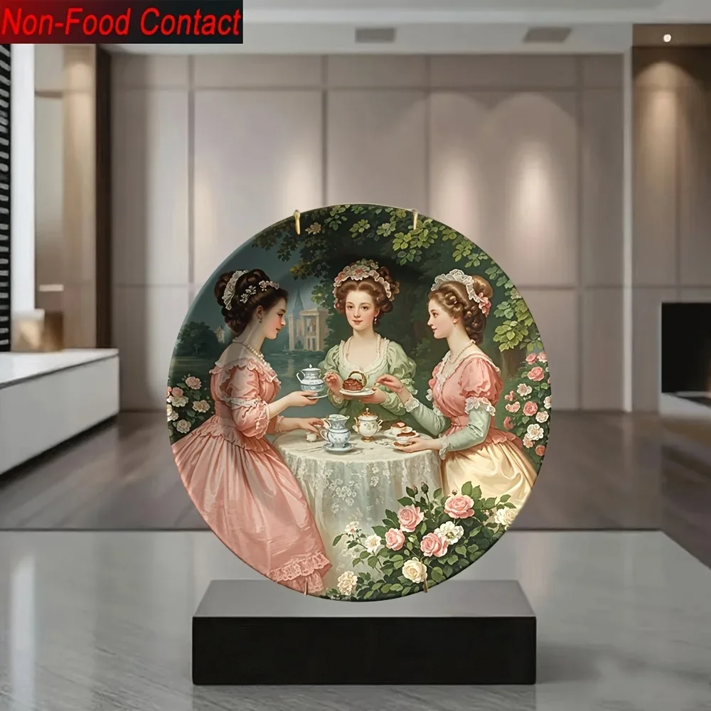 1pc Elegant Ceramic Decorative Plate - Vintage Floral Dining Scene with Ladies in Pink Dresses, Non-Food Contact Tabletop Decor