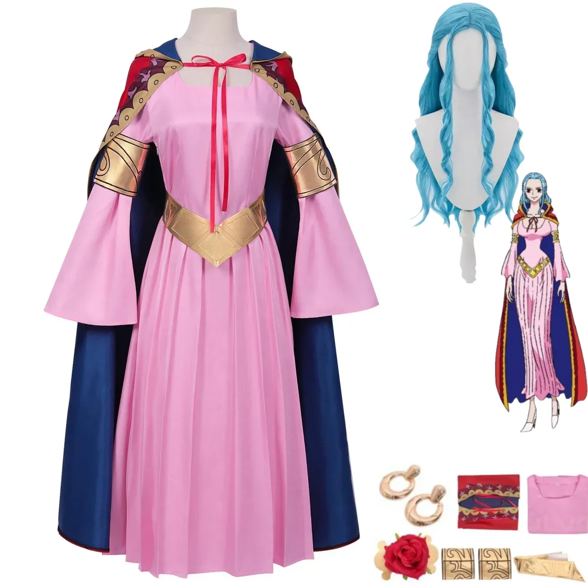 

Anime Nefertari Cosplay Costume Wig Roleplay Pink Dress Cloak Cape Vivi Uniform Full Set Adult Woman Sexy Halloween Suit