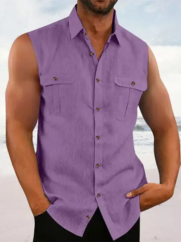  Color Lapel Sleeveless Shirt for Men Casual Style Polyester Fabric Summer Wear Comfortable Fit Youth Fashion
