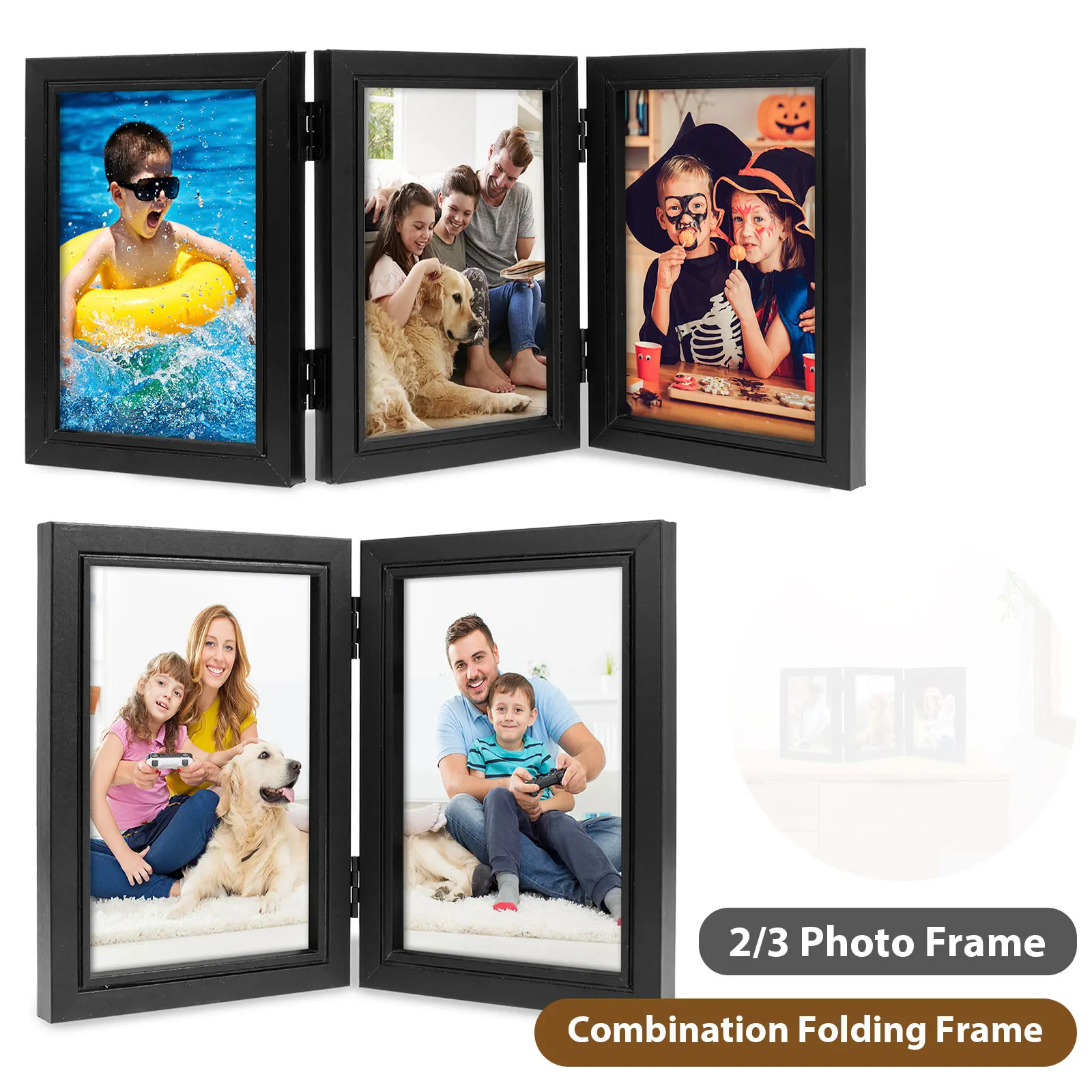 Double/Triple Photo Frame 180° Foldable Hinged Picture Frame Stand with Glass Front Black Photo Frame for Desktop Birthday Gifts