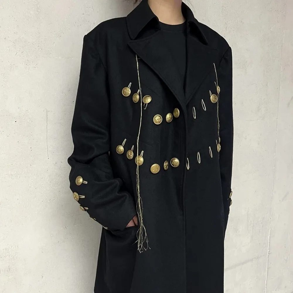 FANDISHI Asymmetric Casual Suit Autumn Winter Woolen Jacket with Gold Buckle for Men Streetwear Fashion