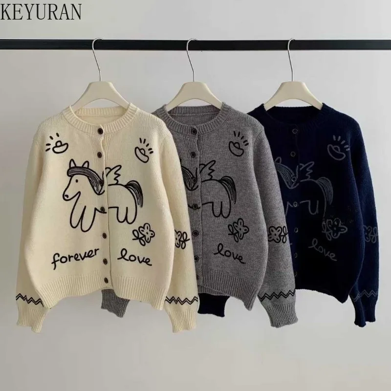 

Корейский стиль пони, жаккардовая вышивка, вязаный открытый кардиган, женский осенний модный универсальный утягивающий свитер, трикотаж, топы