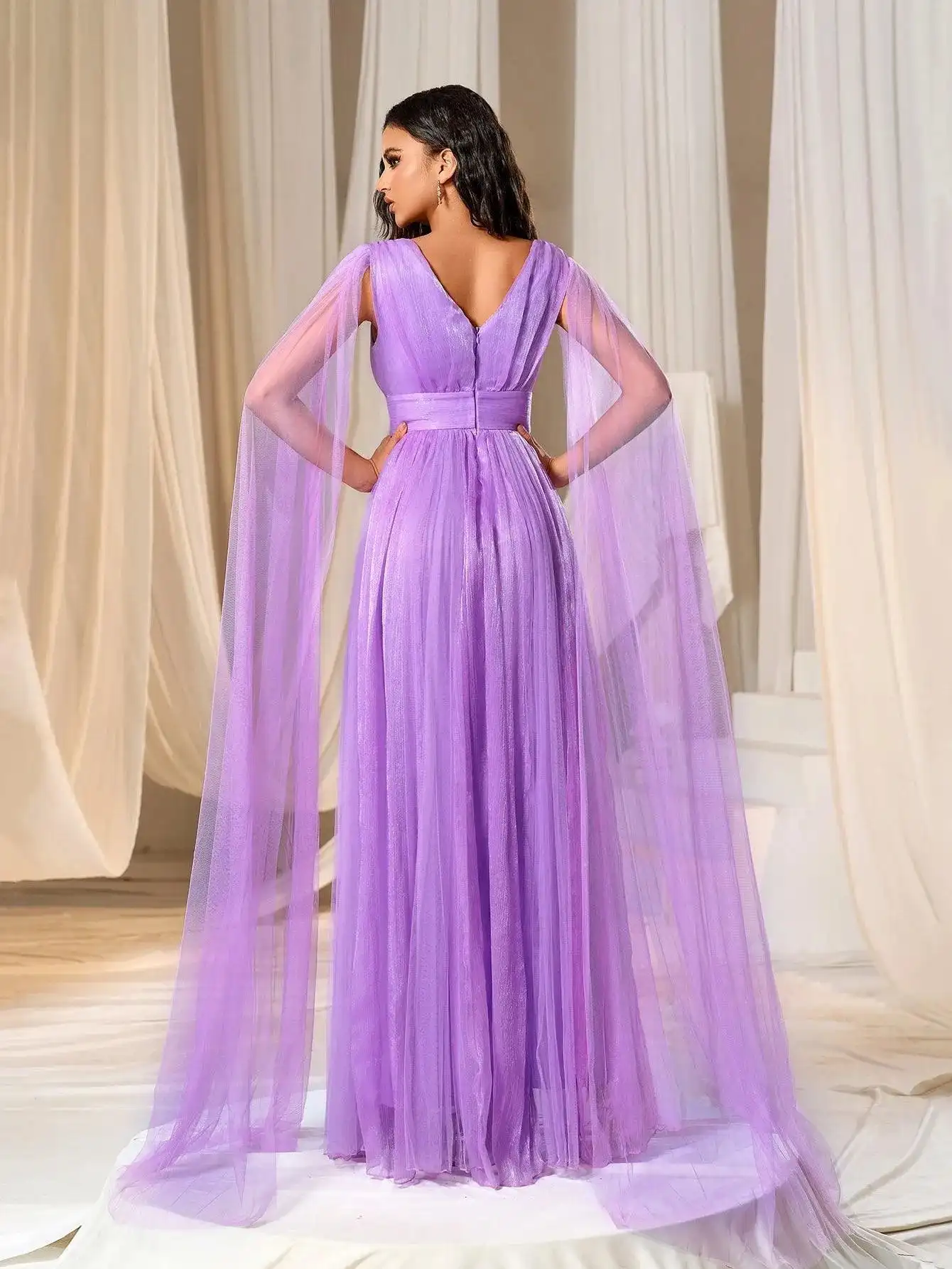 Plunging Neck A Line Bridesmaid dress With Cape Party Dress & Evening Dress