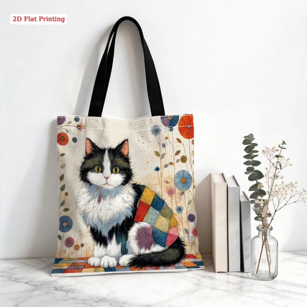 1Pc Vintage Style Shoulder Bag Multicolor Cute Cat Floral Print Tote Bag For Shopping Travel Daily Use Large Capacity Storage Ha