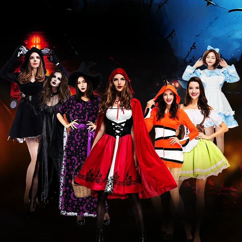 

Новый костюм для взрослых на Хэллоуин, косплей, медсестра, призрак невесты, ведьма, маленькая красная езда, наряд горничной, полиэфирное волокно 00%