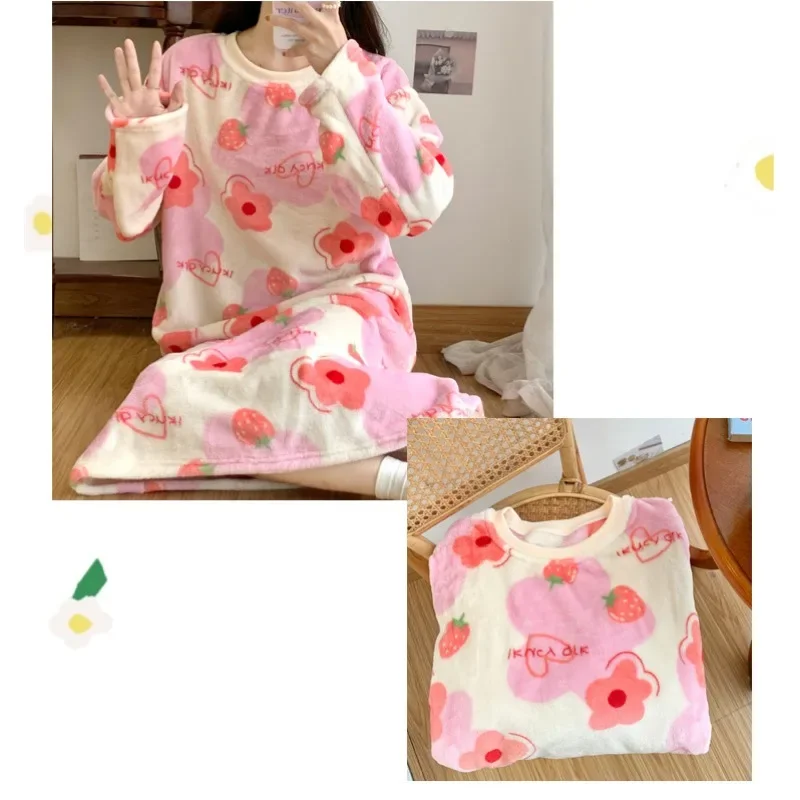 Coral Velvet Nightgown Female Autumn and Winter Thickened Flannel Flannel Cartoon Pajamas in the Long Section of Warm Sleepwear