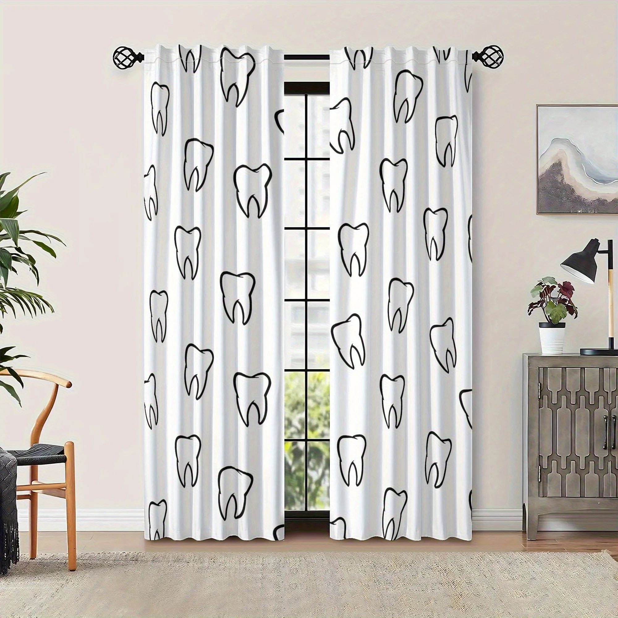 2pc Teeth pattern curtains, made of polyester, machine washable, suitable for bedroom and living room décor.