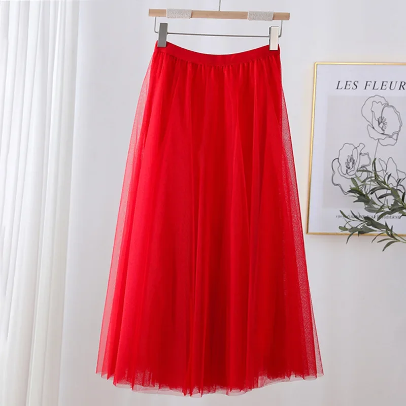 Hot Women Mesh Elastic Tutu Skirt Beach Spring Summer Korean High Waist Fashion Pleated Long Skirt Black White Tulle Skirts