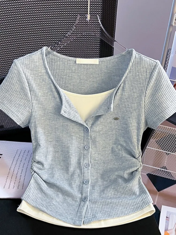 تي شيرت نسائي ort Sve بحاشية مطوية مكون من قطعتين ملون بتصميم Blo صيفي بقصة ضيقة بطول ort مزيج من القطن #1