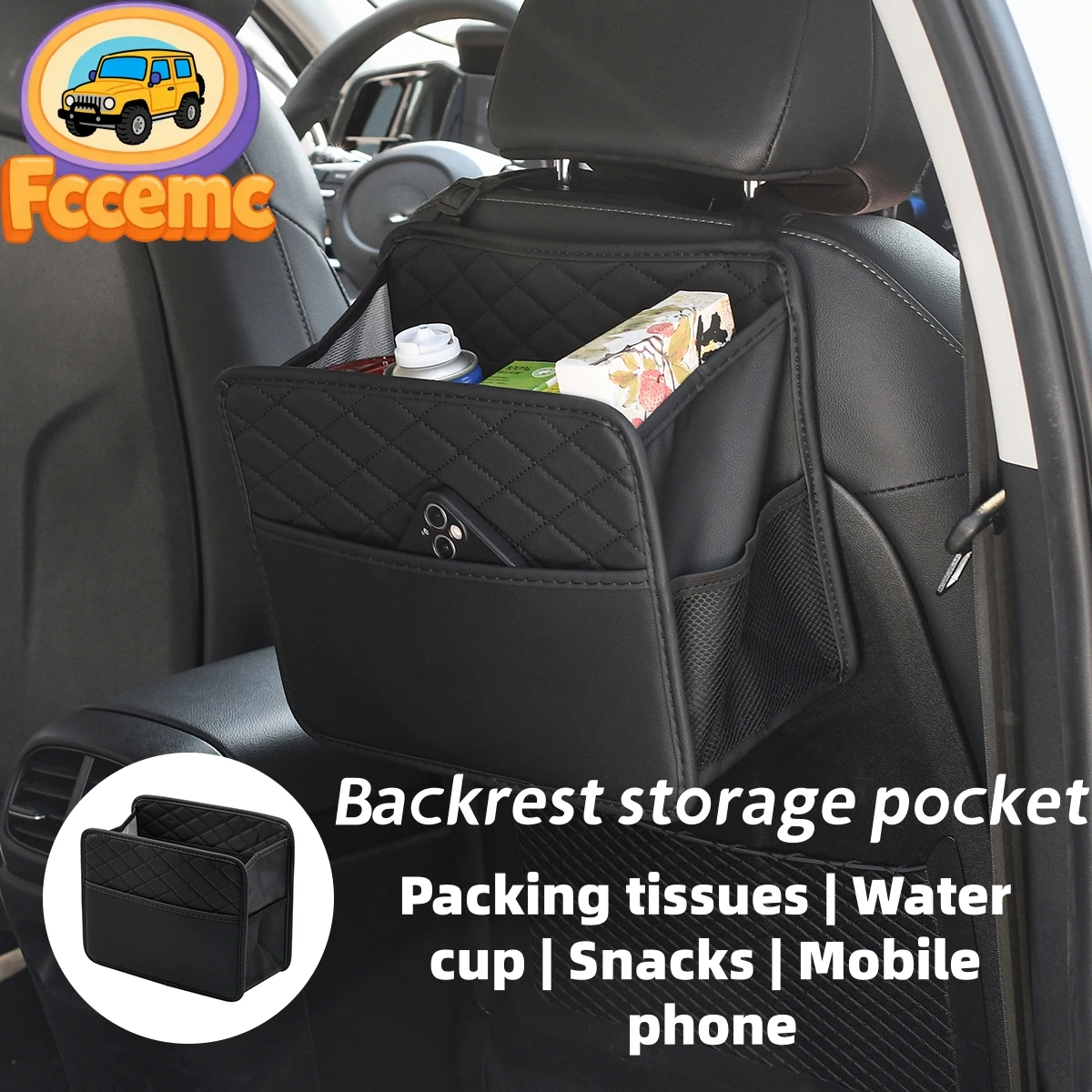 

Backseat Clip-On Black Storage Bag–Multi-Functional Organizer for Tissues,Phone,Leather Car Interior Pouch,Auto Accessory