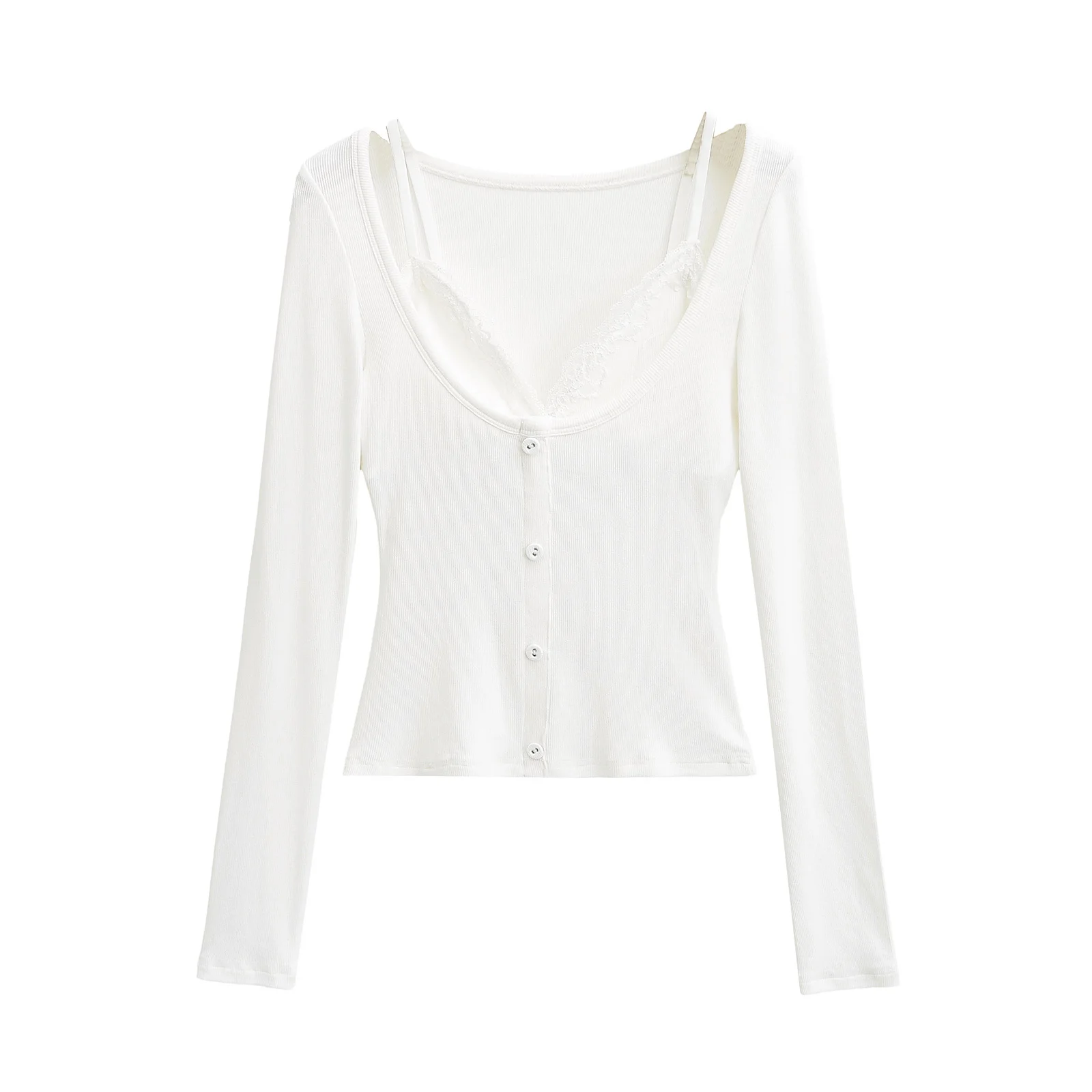 Kardaian Sexy Lace Trim Long Sve round Ne Base irt Pure Desire Slim Fit Two Piece Set T irt for Women Spring Sle