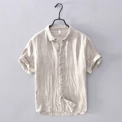 Camisa Harajuku sencilla para hombre, blusa transpirable de lino puro, estilo japonés, manga corta, informal, fina, de verano