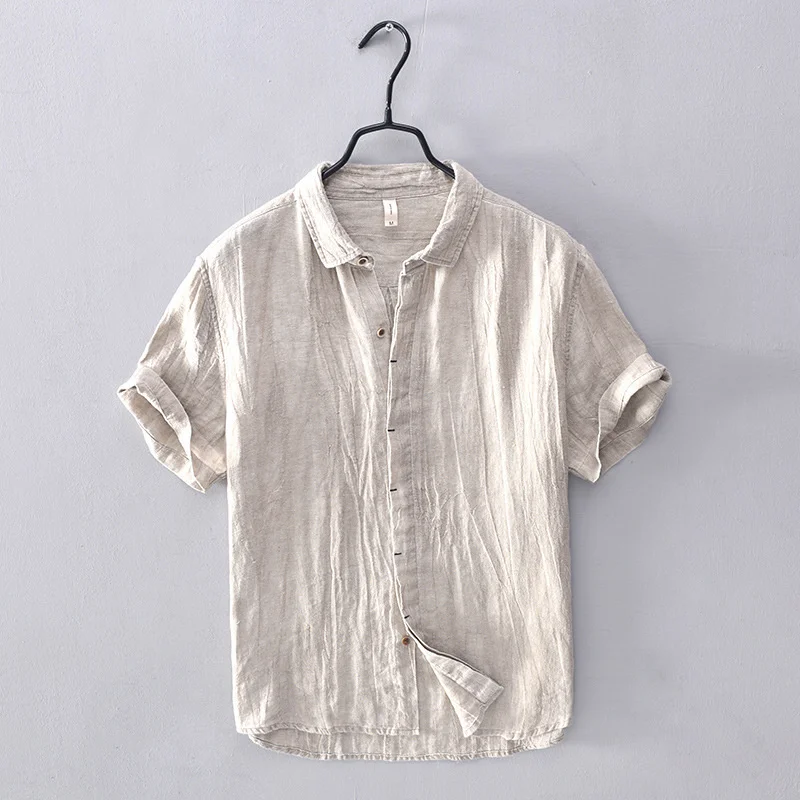 Harajuku Simplicity Men's Solid Color Shirt Pure Linen Japanese Styles Summer Thin Casual Short Sleeve Breathable Blouse Shirt