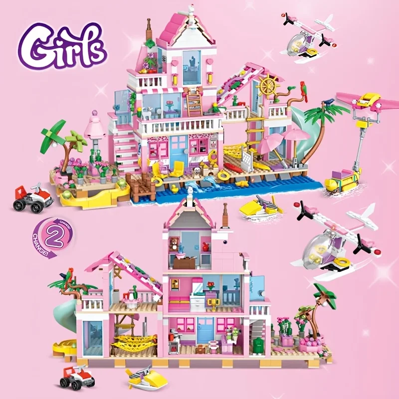 Summer Holiday City House Seaside Villa Building Blocks Apartment Street View DIY Bricks Toys for Kid Girls Friends Gift