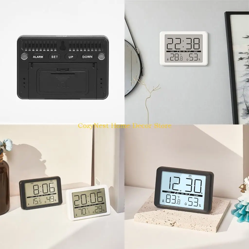 92MF Contemporary Digital Alarm Clock with Time Day Temperature Humidity Display Battery Operated for Living Room