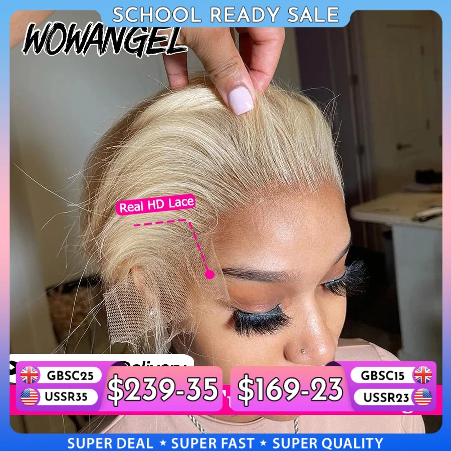 Wow Angel 613 Blonde 13 x 6 volle Frontal-HD-Spitzenperücken, gerade Spitzenfront-Echthaarperücken, vorgezupft, tiefer Scheitel, brasilianisches Haar