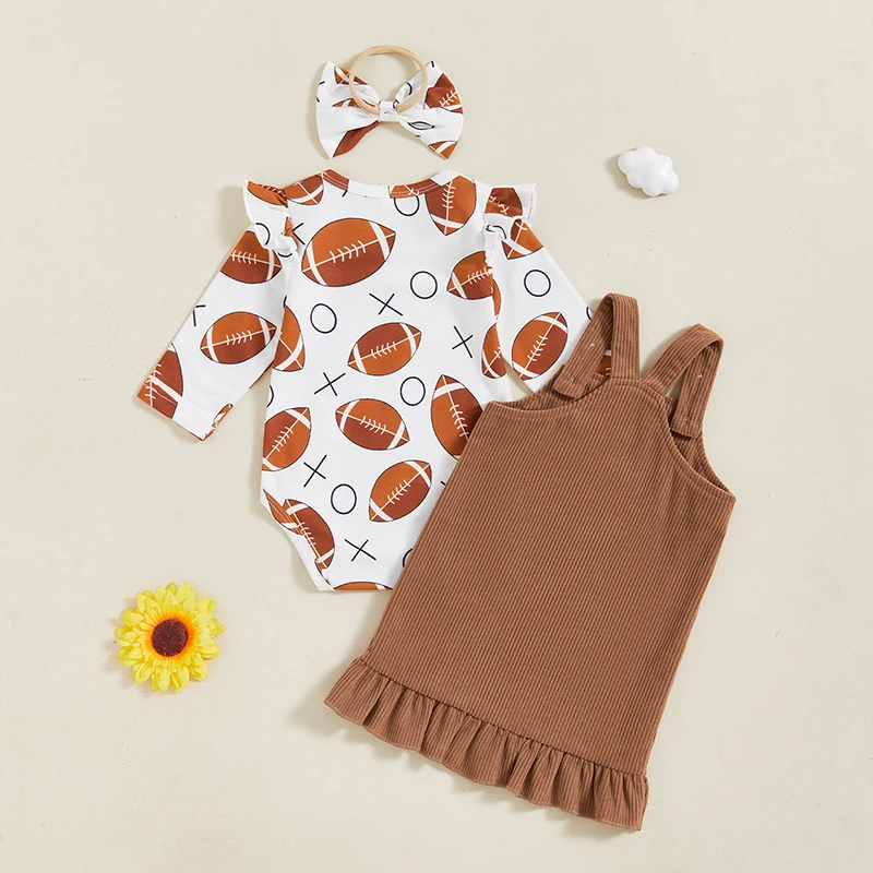 ชุดเดรส3ชิ้นสำหรับเด็กผู้หญิงชุดหมีแขนยาวพิมพ์ลายฟุตบอลชุดเอี๊ยมมีระบายและที่คาดผมมีโบว์