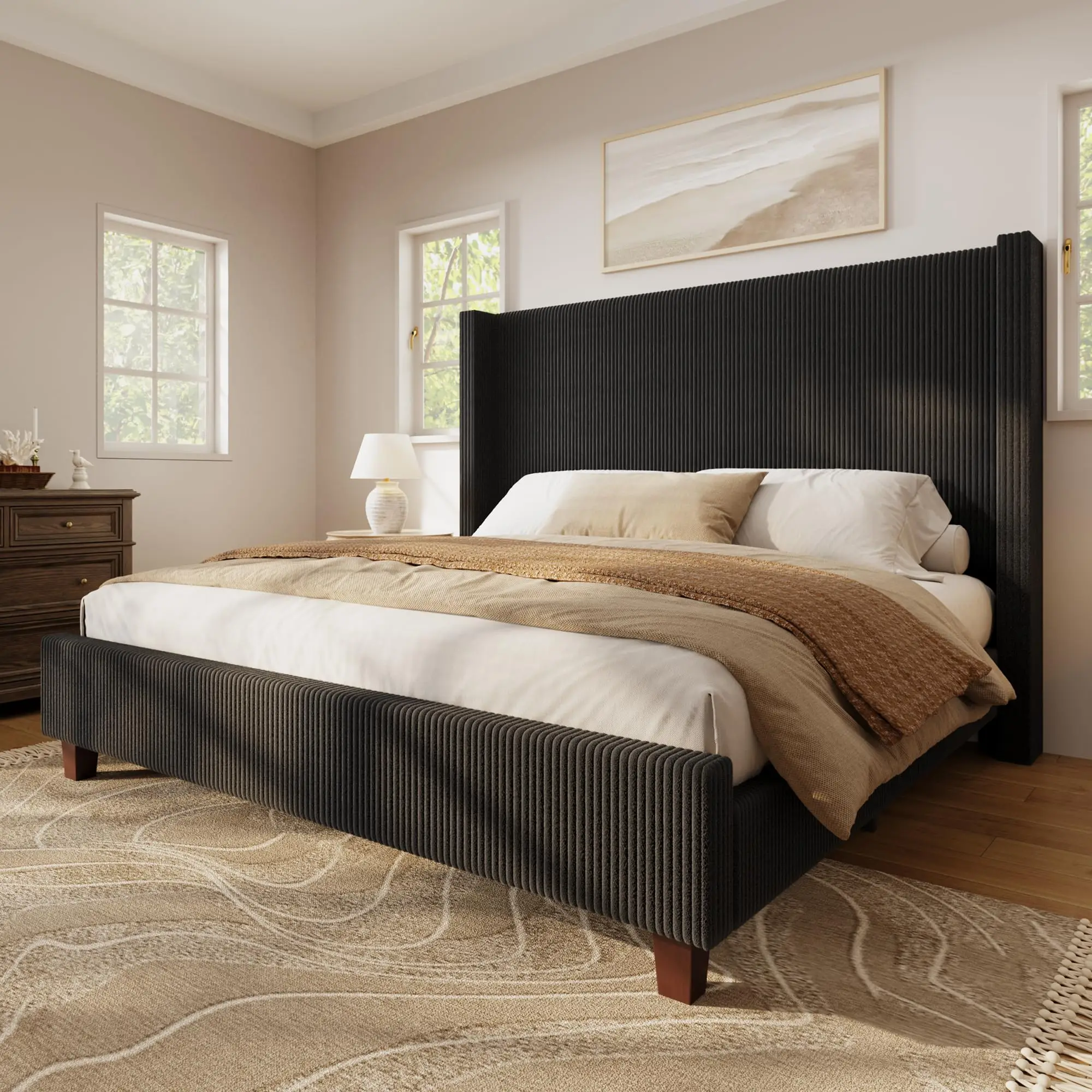 King Size Bed Frame with 50.8 Inch Corduroy Wingback Headboard, Black | Modern Upholstered Platform Bed, Solid Wood