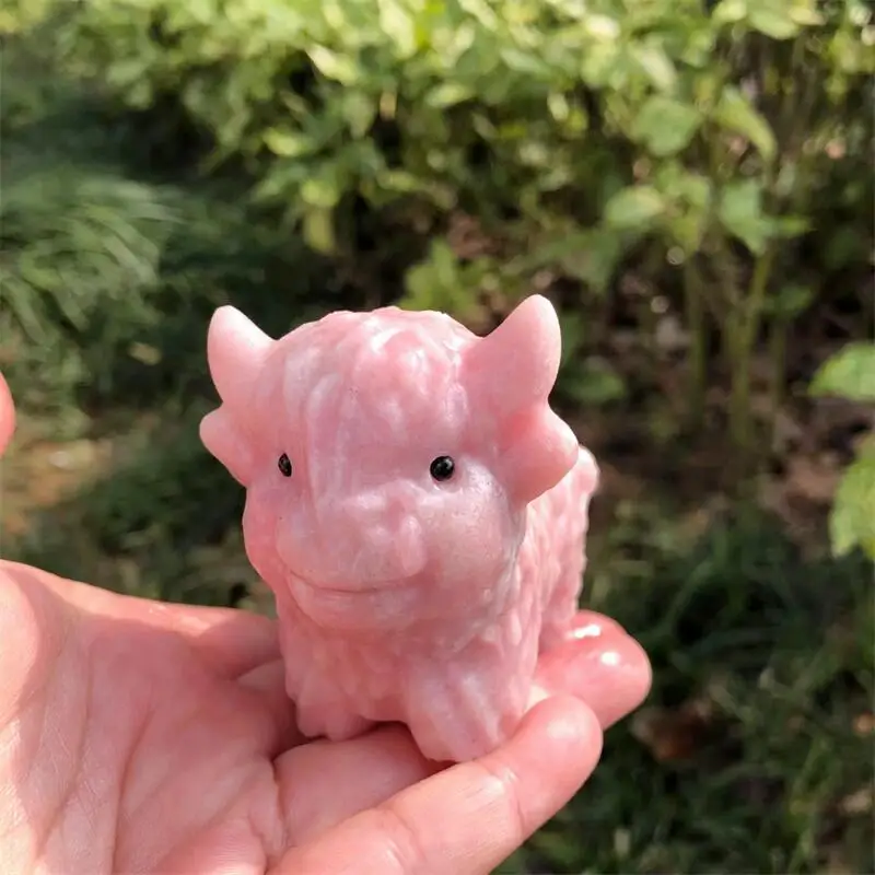 Natural Pink Opal Highland Yak Carving Cartoon Stones Healing Polished Mineral Ornaments Home Decoration 1PCS