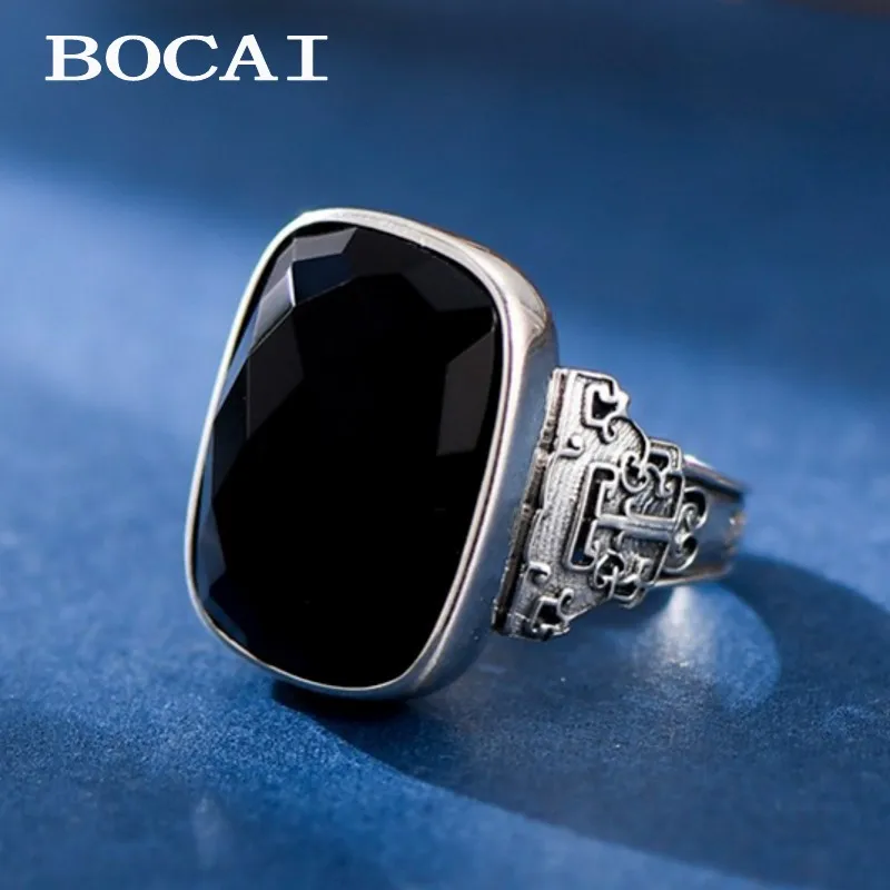 

BOCAI S925 Sterling Silver Charms Rings for Men Retro Hollow Eternal Rattan Pattern Tangent Plane Agate Jewelry ﻿Wholesale