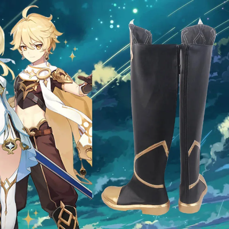أحذية COS Aether Genshin Impact Anime Traveler الرائدة من الجلد الصناعي لعبة الأثير للذكور أحذية لعب الأدوار في الهالوين