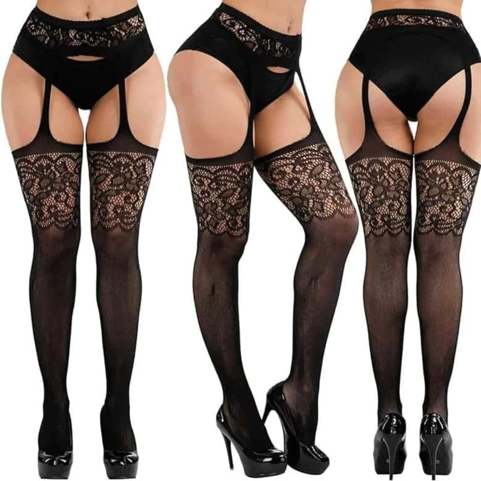 NEWJOINFUN شبكة صيد السمك الأسود الرباط حزام جوارب مفتوحة Crotchless جوارب طويلة مثير الفخذ عالية الجوارب البيضاء للنساء حجم كبير XXXXXL