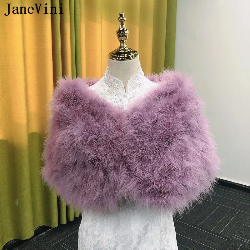 JaneVini Peacock Blue Ostrich Feathers Bridal Shawl Faux Fur Cape Women Ivory Bolero Winter Bride Wraps Stoles Dress Shawl Etole