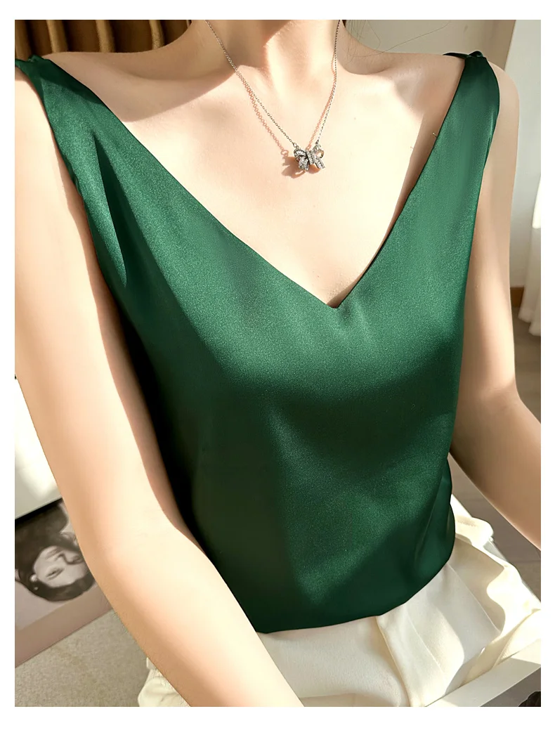 Seidensatin-Damen-Tanktop mit doppelter Schulterpartie, V-Ausschnitt, ärmelloses Top, T-Shirt, elegantes Crop-Top, solide, lässig, Basic, 2025, Sommer – Detail 31