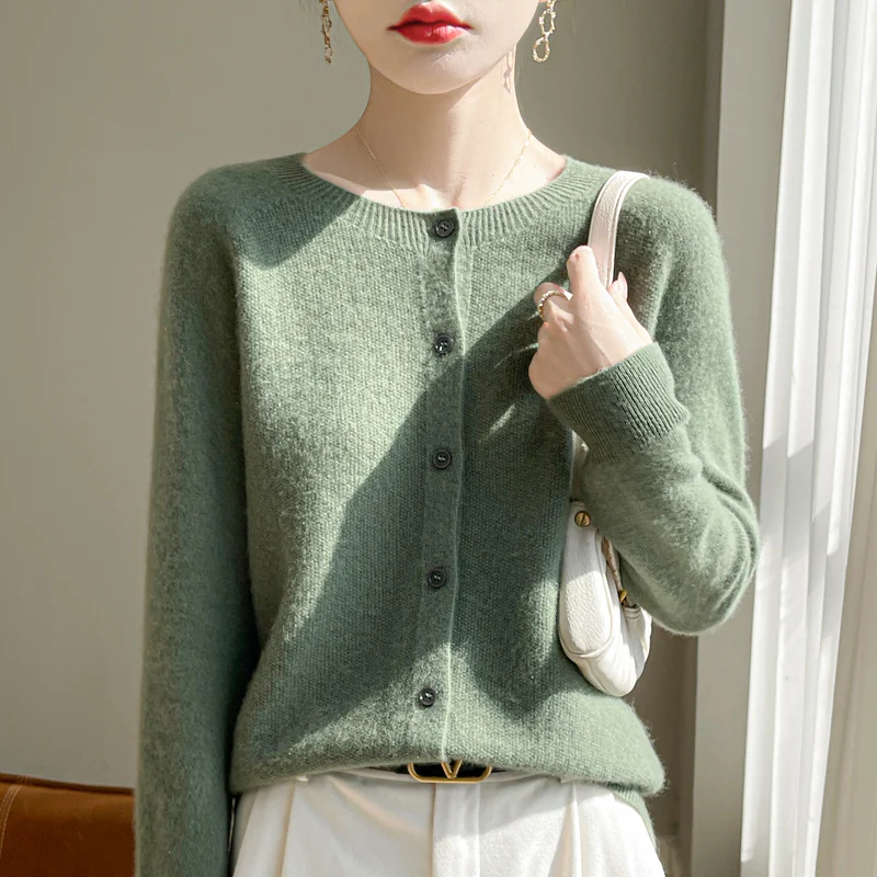 Long Sleeve 100% Merino Wool Sweaters Cashmere Cardigan Spring Autumn Women O-Neck Knitwear Tops Clothing Fashion Basic Tops