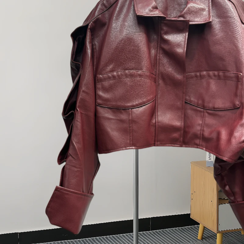 Frühling Frauen koreanische Rüschen Fledermaus Ärmel kurze Kunstleder Jacke schwarz rot lässig Revers Langarm Biker Jacke Streetwear