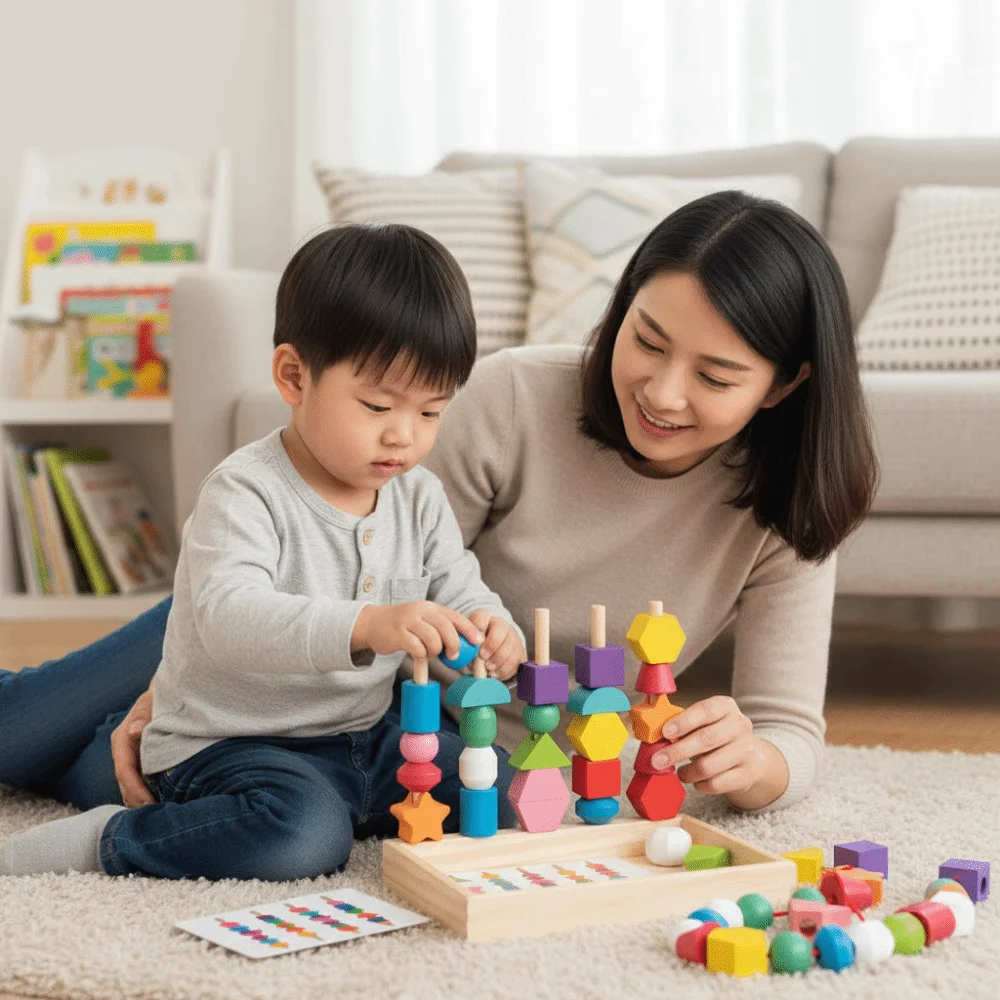 Geometrische kleurvorm Cognitie Montessori Interactieve stapels Blokken Puzzelspel Draagbare veterkralen Houten kralen Sequencing