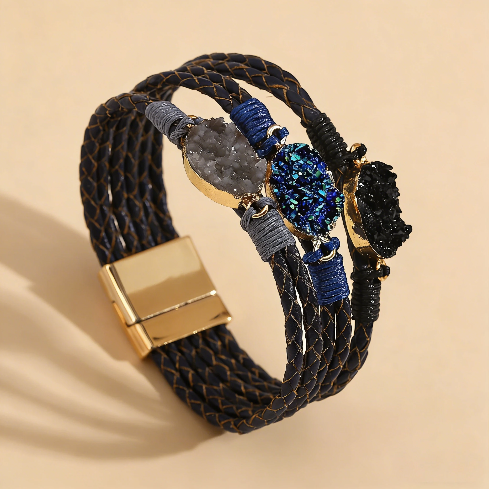 

Amorcome Vintage Artificial Stone Irregular Leather Bracelet for Women Woven Winding Magnetic Buckle Bracelet Jewelry Gift