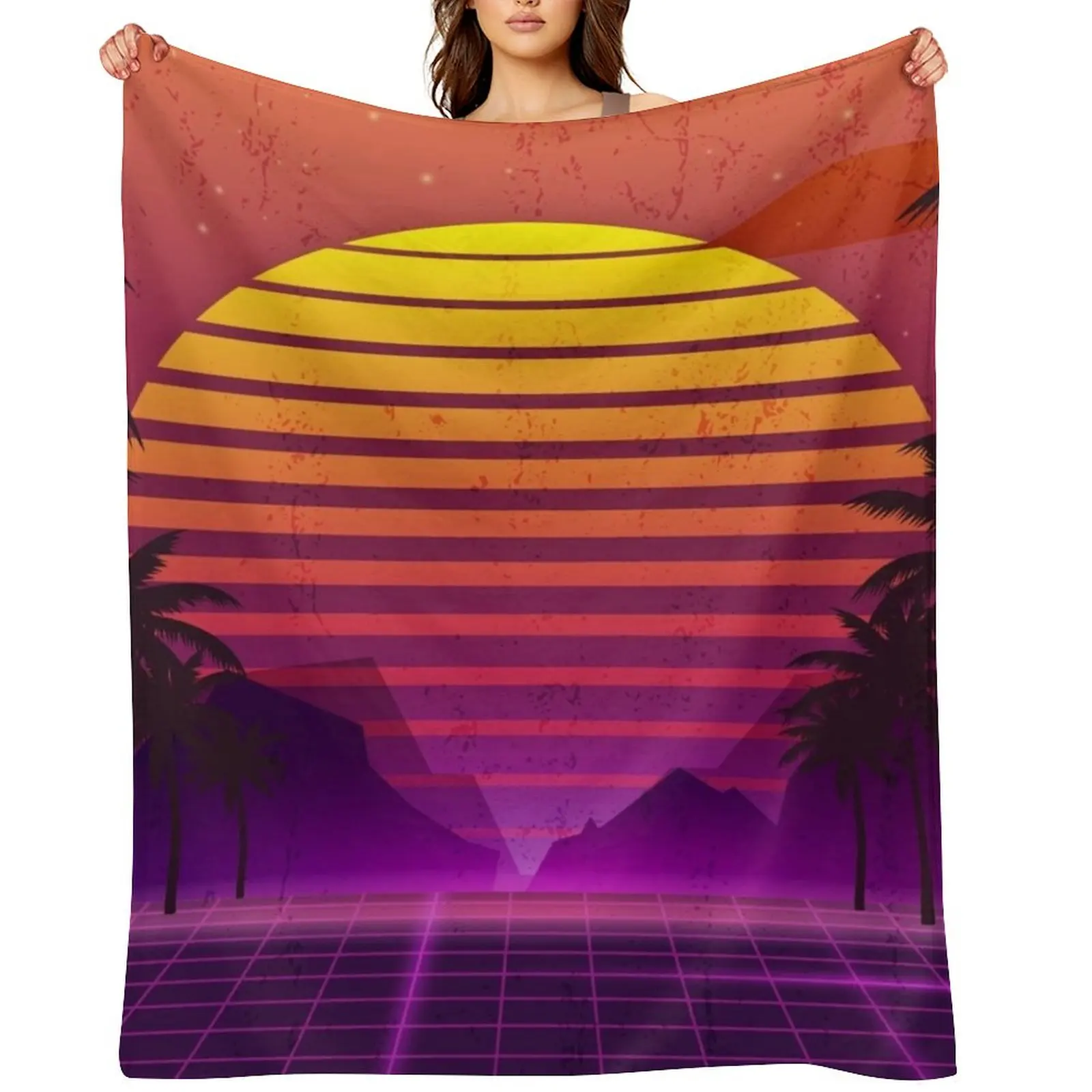 

80's Palm Trees Sunset Vaporwave Throw Blanket Sofa Quilt Flannel Fabric Thins Custom Blankets