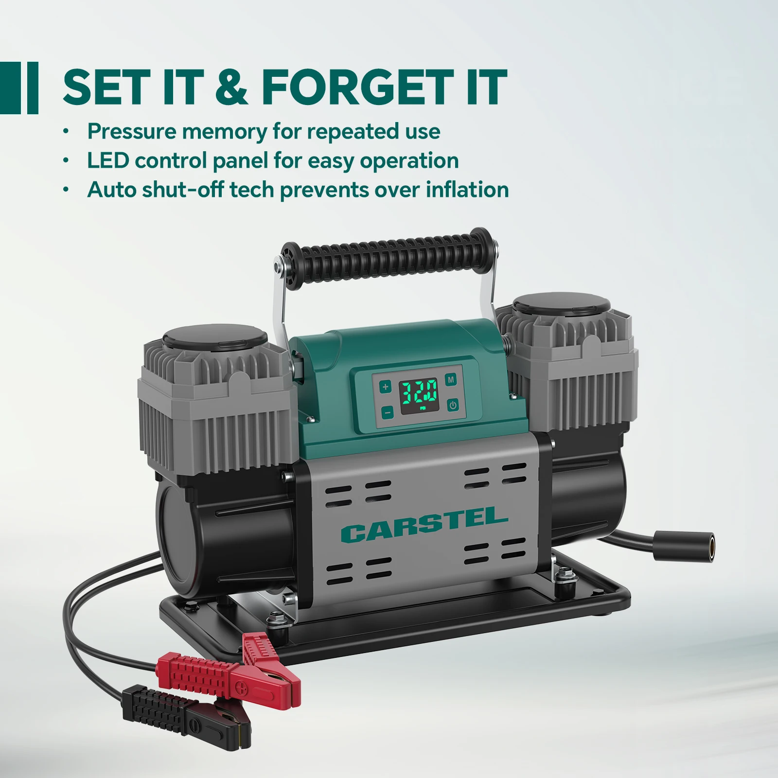 Carstel 12V Portable Double Cylinder Air Compressor 150PSI Tire Inflator with Auto Shut Digital Display Tire Pressure Monitor