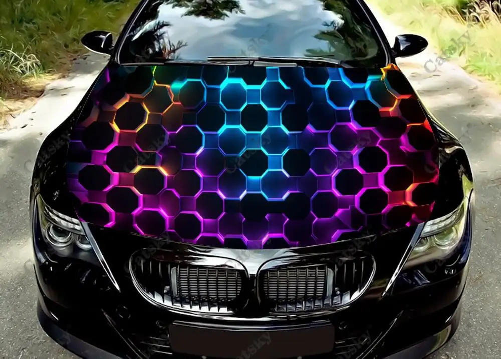 Neon Gradient Honeycomb Art Car Hood Decal Truck Decals Vinyl Sticker Graphic Wrap Stickers Trucks Cars Bonnet Vinyls