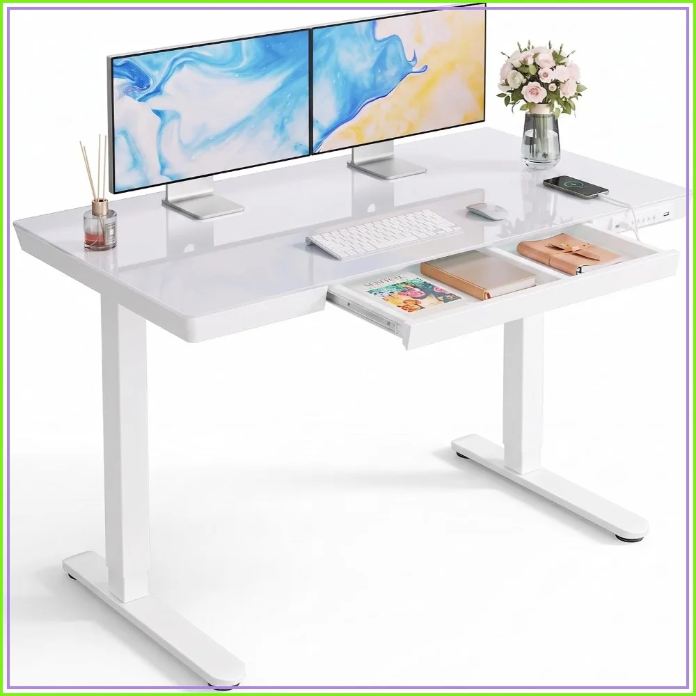 Glass Standing Desk with Drawer, 48x24 Electric Adjustable, USB Ports, Sit Stand Home Office White
